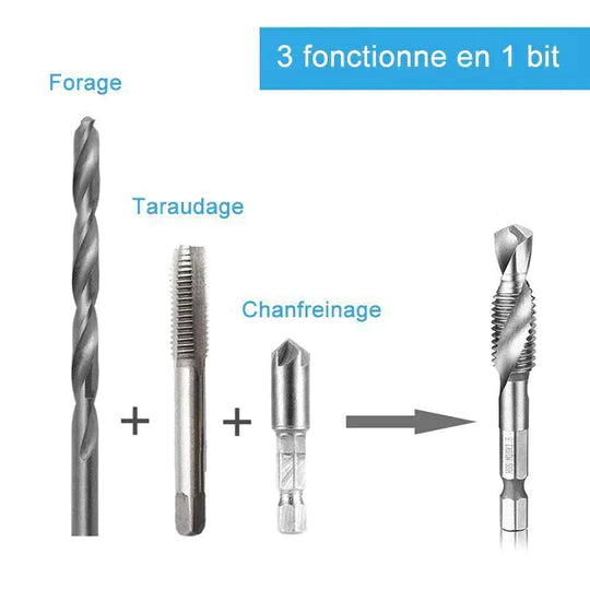 Jeu de 6 Tarauds Combinés à Queue Hexagonale