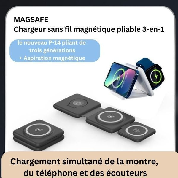 Chargeur sans fil pliable 3-en-1 avec aspiration magnétique